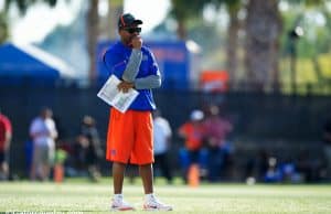 University of Florida special teams coordinator and running backs coach Greg Knox watch the Florida Gators work during a special teams drill- Florida Gators football- 1280x853