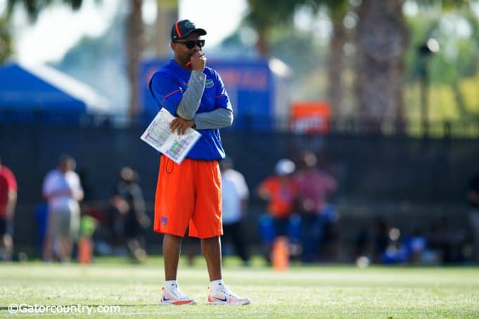 University of Florida special teams coordinator and running backs coach Greg Knox watch the Florida Gators work during a special teams drill- Florida Gators football- 1280x853