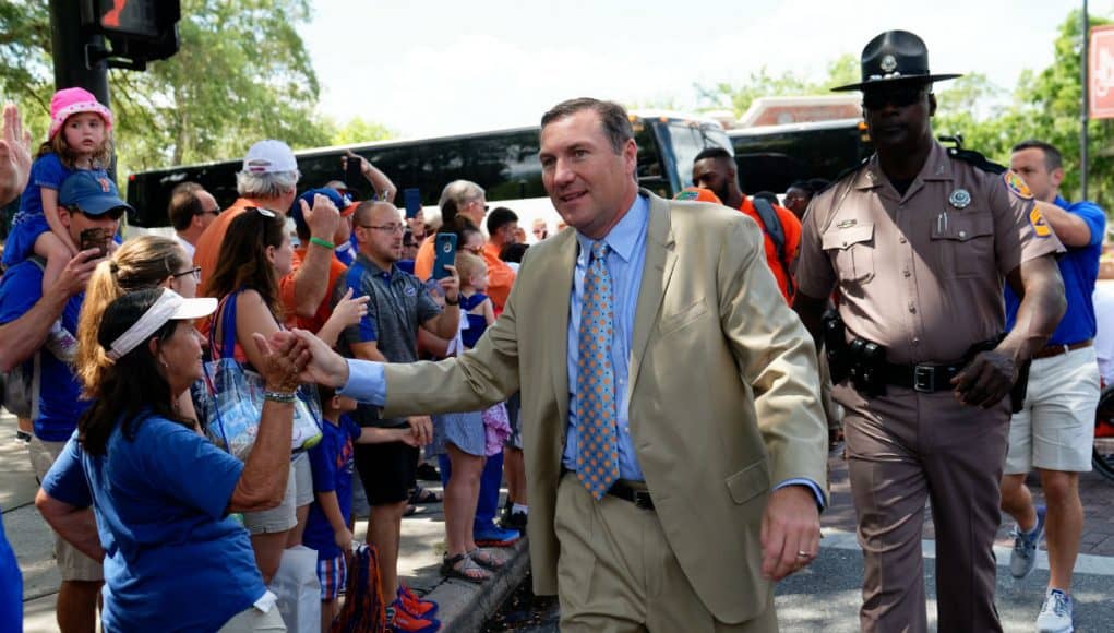 Florida Gators head coach Dan Mullen at Gator Walk before the Orange and Blue game-1280x853