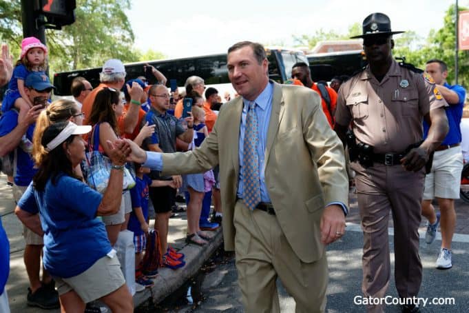 Florida Gators head coach Dan Mullen at Gator Walk before the Orange and Blue game-1280x853