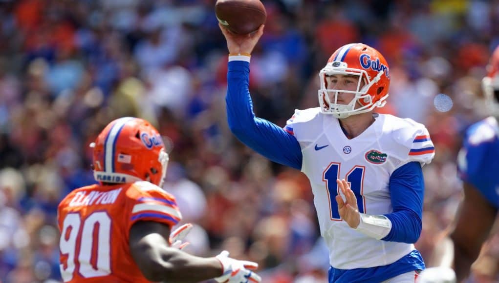 Florida Gators quarterback Kyle Trask throws in the Orange and Blue game 2018- 1280x853