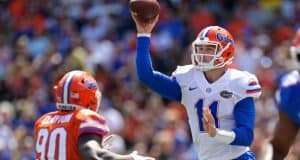 Florida Gators quarterback Kyle Trask throws in the Orange and Blue game 2018- 1280x853
