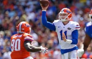 Florida Gators quarterback Kyle Trask throws in the Orange and Blue game 2018- 1280x853