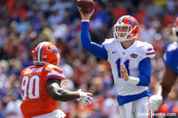 Florida Gators quarterback Kyle Trask throws in the Orange and Blue game 2018- 1280x853