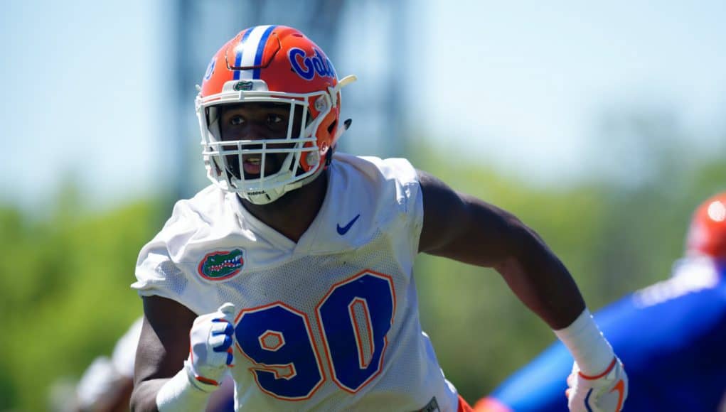 University of Florida defensive lineman Antonneous Clayton goes through a drill during the Florida Gators second spring practice-Florida Gators football- 1280x853