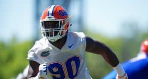 University of Florida defensive lineman Antonneous Clayton goes through a drill during the Florida Gators second spring practice-Florida Gators football- 1280x853