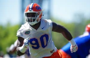 University of Florida defensive lineman Antonneous Clayton goes through a drill during the Florida Gators second spring practice-Florida Gators football- 1280x853