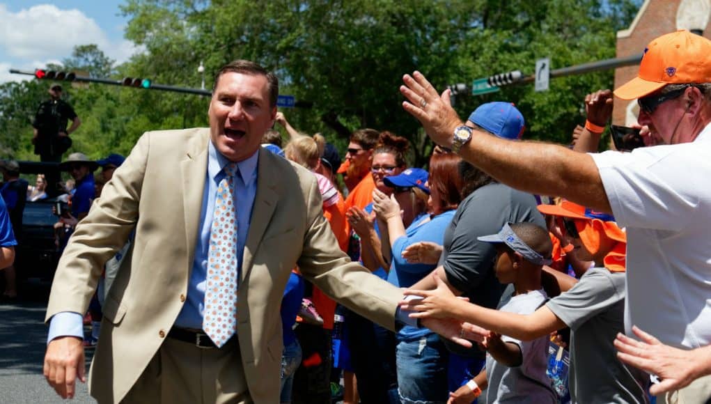 University of Florida head coach Dan Mullen greets fans during Gators Walk before his first Orange and Blue game as head coach of the Florida Gators- Florida Gators football- 1280x853