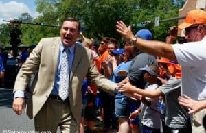 University of Florida head coach Dan Mullen greets fans during Gators Walk before his first Orange and Blue game as head coach of the Florida Gators- Florida Gators football- 1280x853