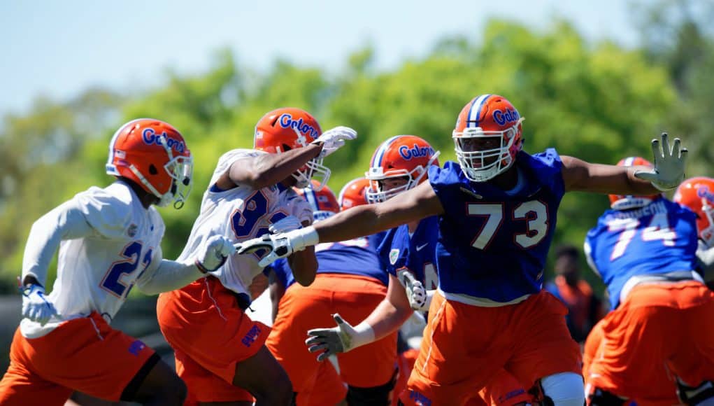 University of Florida offensive tackle Martez Ivey in pass protection during the Florida Gators second spring practice- Florida Gators football- 1280x853