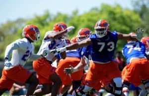 University of Florida offensive tackle Martez Ivey in pass protection during the Florida Gators second spring practice- Florida Gators football- 1280x853