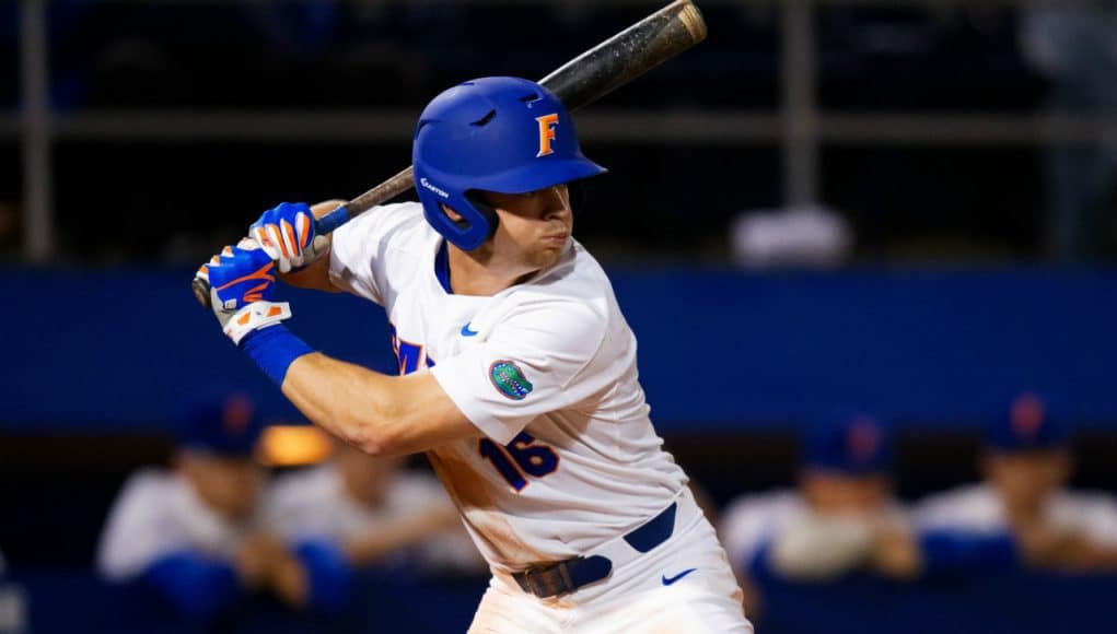 University of Florida outfielder Wil Dalton loads before taking a swing during the Florida Gators season opener against Siena- Florida Gators baseball- 1280x853