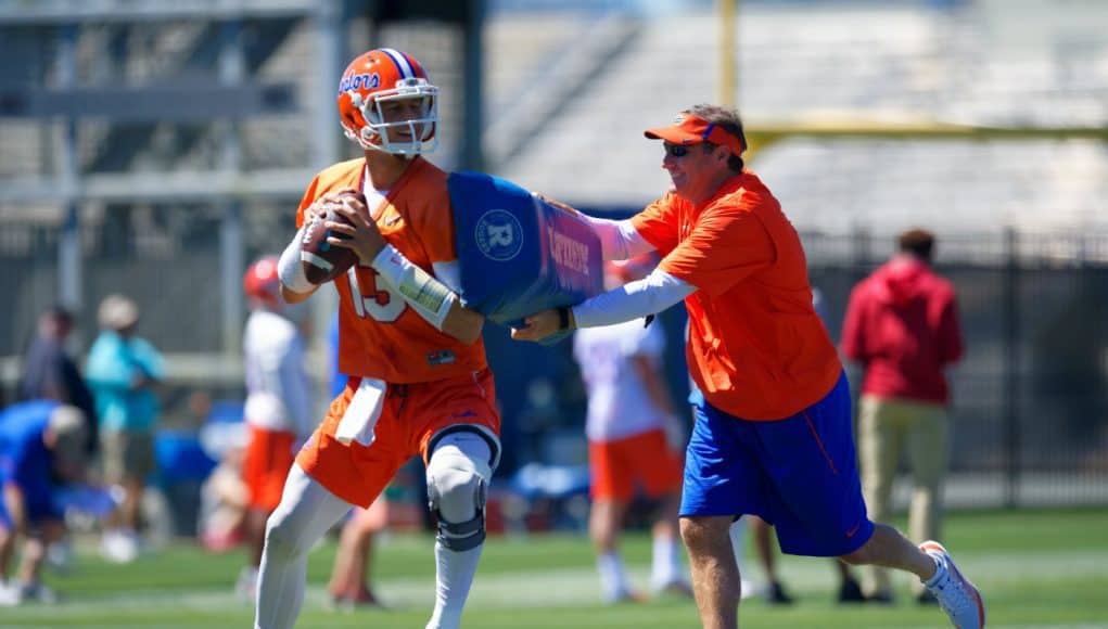 University of Florida quarterback Feleipe Franks goes through a drill during the Gators second spring practice with Dan Mullen- Florida Gators football- 1280x853