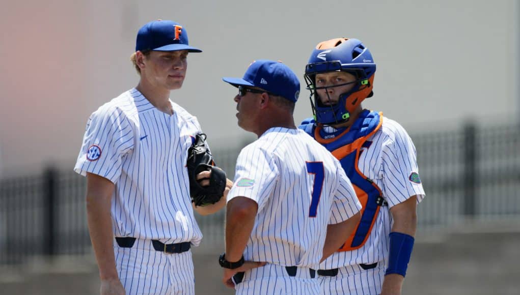 Kevin O’Sullivan visits University of Florida freshman pitcher Jack Leftwich during a loss to the Auburn Tigers- Florida Gators baseball- 1280x853