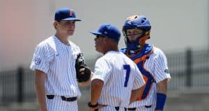 Kevin O’Sullivan visits University of Florida freshman pitcher Jack Leftwich during a loss to the Auburn Tigers- Florida Gators baseball- 1280x853