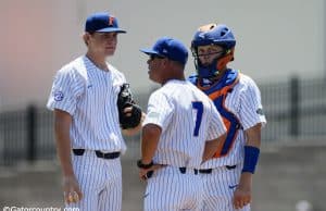 Kevin O’Sullivan visits University of Florida freshman pitcher Jack Leftwich during a loss to the Auburn Tigers- Florida Gators baseball- 1280x853