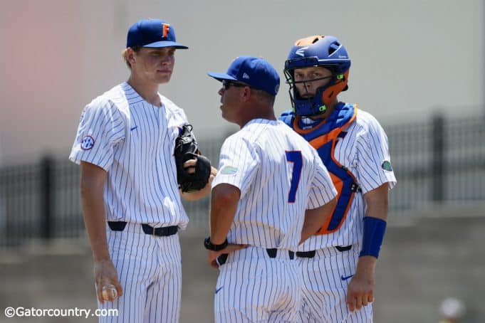 Kevin O’Sullivan visits University of Florida freshman pitcher Jack Leftwich during a loss to the Auburn Tigers- Florida Gators baseball- 1280x853