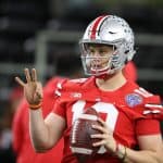 Dec 29, 2017; Arlington, TX, USA; Ohio State Buckeyes quarterback Joe Burrow (10) throws prior to the game against the Southern California Trojans in the 2017 Cotton Bowl at AT&T Stadium. Mandatory Credit: Matthew Emmons-USA TODAY Sports
