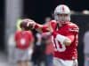 Oct 1, 2016; Columbus, OH, USA; Ohio State Buckeyes quarterback Joe Burrow (10) looks for an open receiver during the third quarter against the Rutgers Scarlet Knights at Ohio Stadium. Ohio State won the game 58-0. Mandatory Credit: Greg Bartram-USA TODAY Sports