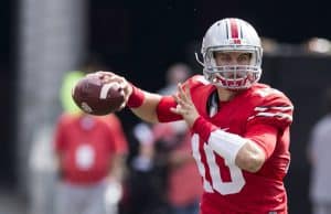 Oct 1, 2016; Columbus, OH, USA; Ohio State Buckeyes quarterback Joe Burrow (10) looks for an open receiver during the third quarter against the Rutgers Scarlet Knights at Ohio Stadium. Ohio State won the game 58-0. Mandatory Credit: Greg Bartram-USA TODAY Sports