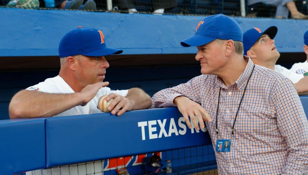 University of Florida Athletic Director Scott Stricklin meets with head baseball coach Kevin O’Sullivan prior to the Gators’ season opener against Siena- Florida Gators baseball- 1280x852