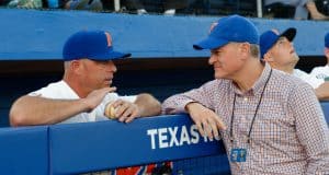 University of Florida Athletic Director Scott Stricklin meets with head baseball coach Kevin O’Sullivan prior to the Gators’ season opener against Siena- Florida Gators baseball- 1280x852