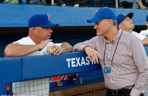 University of Florida Athletic Director Scott Stricklin meets with head baseball coach Kevin O’Sullivan prior to the Gators’ season opener against Siena- Florida Gators baseball- 1280x852