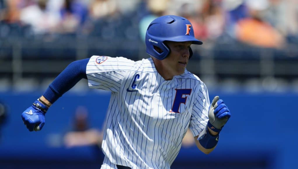 University of Florida catcher JJ Schwarz runs to first base during a win over the Florida State Seminoles- Florida Gators baseball- 1280x853