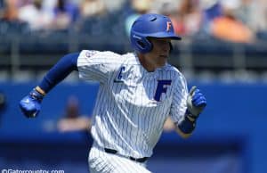 University of Florida catcher JJ Schwarz runs to first base during a win over the Florida State Seminoles- Florida Gators baseball- 1280x853