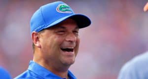 University of Florida co-offensive coordinator Billy Gonzales laughing on the field prior to the Florida Gators 2018 spring game- Florida Gators football- 1280x853