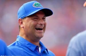 University of Florida co-offensive coordinator Billy Gonzales laughing on the field prior to the Florida Gators 2018 spring game- Florida Gators football- 1280x853