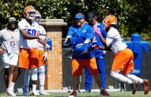 University of Florida defensive coordinator Todd Grantham goes through drills with the Gators defensive ends during spring camp- Florida Gators football- 1820x853