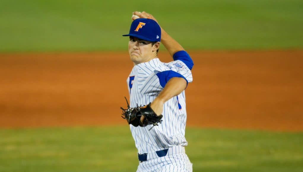 University of Florida freshman pitcher Tommy Mace delivers to the mound against the Florida State Seminoles- Florida Gators baseball- 1280x853