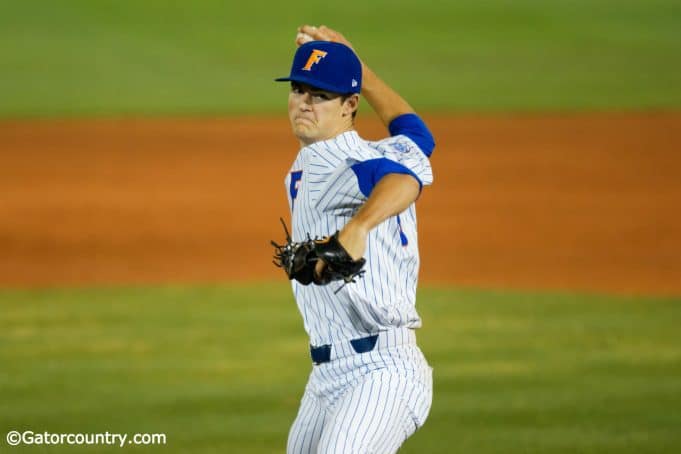 University of Florida freshman pitcher Tommy Mace delivers to the mound against the Florida State Seminoles- Florida Gators baseball- 1280x853