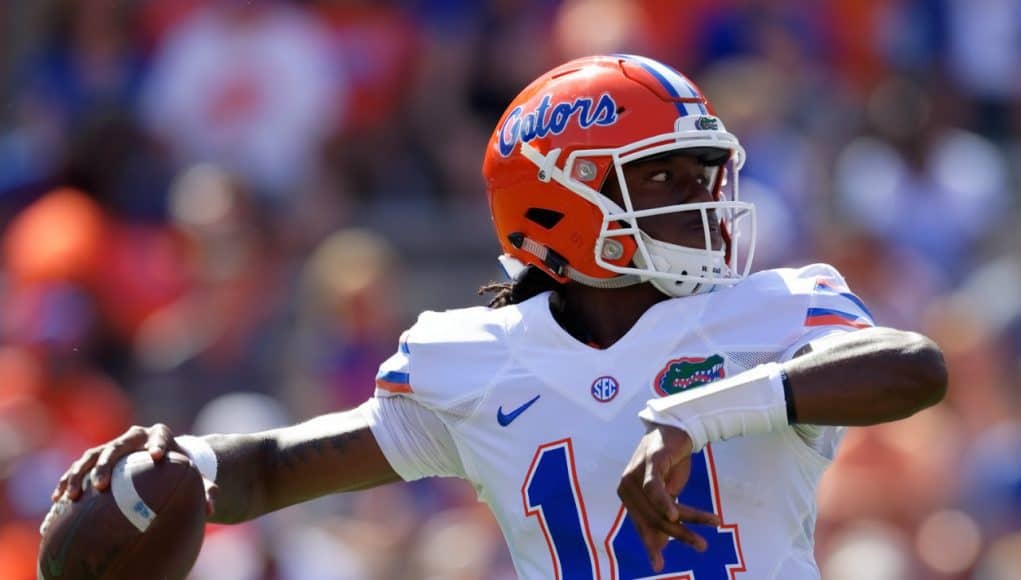 University of Florida freshman quarterback Emory Jones throws a pass during the 2017 Orange and Blue Debut- Florida Gators football- 1280x853