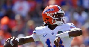 University of Florida freshman quarterback Emory Jones throws a pass during the 2017 Orange and Blue Debut- Florida Gators football- 1280x853