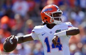 University of Florida freshman quarterback Emory Jones throws a pass during the 2017 Orange and Blue Debut- Florida Gators football- 1280x853