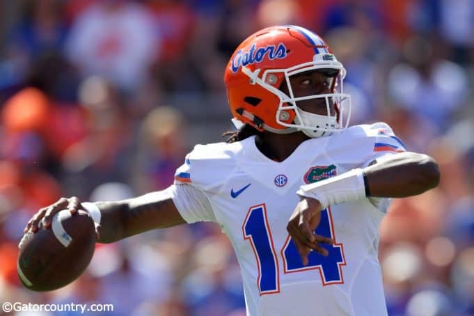 University of Florida freshman quarterback Emory Jones throws a pass during the 2017 Orange and Blue Debut- Florida Gators football- 1280x853
