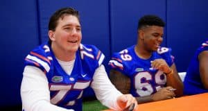 University of Florida offensive lineman Andrew Mike signs autographs at the Gators fan day in 2017- Florida Gators football- 1280x854