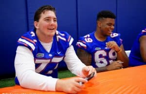 University of Florida offensive lineman Andrew Mike signs autographs at the Gators fan day in 2017- Florida Gators football- 1280x854