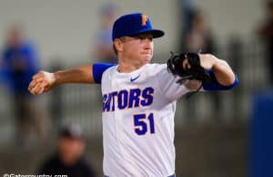 University of Florida pitcher Brady Singer delivers to the plate in the season opener against Stony Brook / Gator Country photo by David Bowie