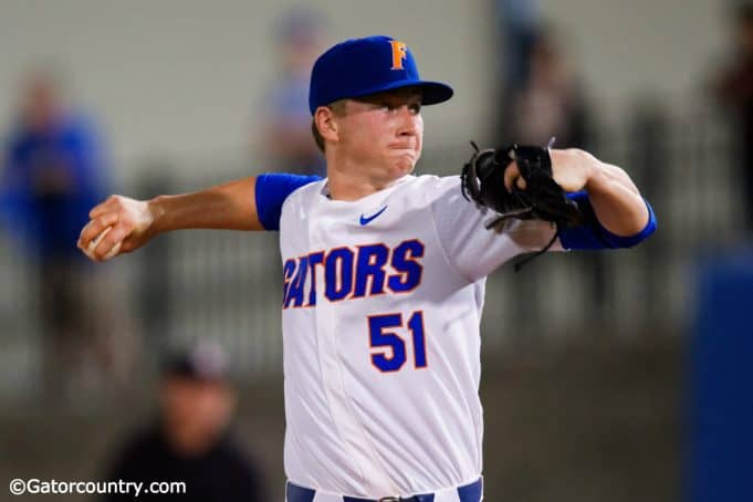 University of Florida pitcher Brady Singer delivers to the plate in the season opener against Stony Brook / Gator Country photo by David Bowie