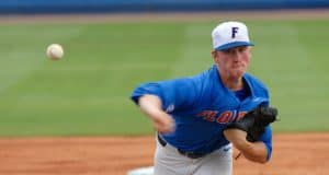 University of Florida pitcher Brady Singer throws a pitch during the 2017 Gainesville Super Regional- Florida Gators baseball- 1280x852
