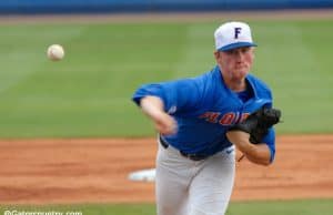 University of Florida pitcher Brady Singer throws a pitch during the 2017 Gainesville Super Regional- Florida Gators baseball- 1280x852