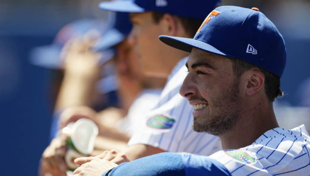 University of Florida third baseman Jonathan India smiles in the dugout during a series clinching win over Auburn- Florida Gators baseball- 1280x853