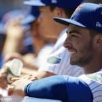 University of Florida third baseman Jonathan India smiles in the dugout during a series clinching win over Auburn- Florida Gators baseball- 1280x853