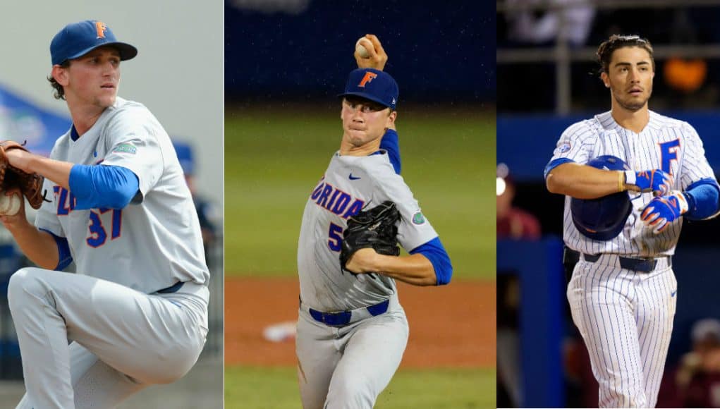 Jackson Kowar (left), Brady Singer (center) and Jonathan India (right) became the first three Florida Gators teammates to be selected in the first round of the MLB Draft in the same year-1247x624-florida gators baseball