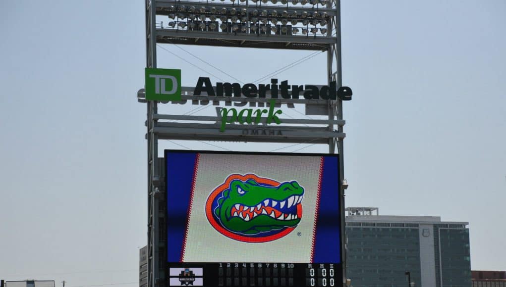 The University of Florida logo on the Jumbotron at TD Ameritrade Park as the Florida Gators practice for the first time at the 2018 College World Series- Florida Gators baseball- 1280x850