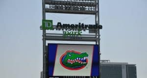 The University of Florida logo on the Jumbotron at TD Ameritrade Park as the Florida Gators practice for the first time at the 2018 College World Series- Florida Gators baseball- 1280x850
