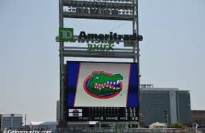 The University of Florida logo on the Jumbotron at TD Ameritrade Park as the Florida Gators practice for the first time at the 2018 College World Series- Florida Gators baseball- 1280x850